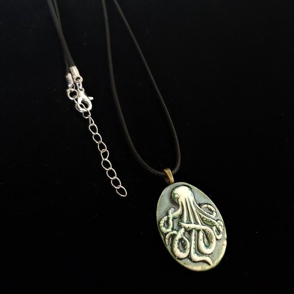 Handmade Ceramic Bottle Green Octopus Kraken Pendant Necklace - Picture 4 of 11